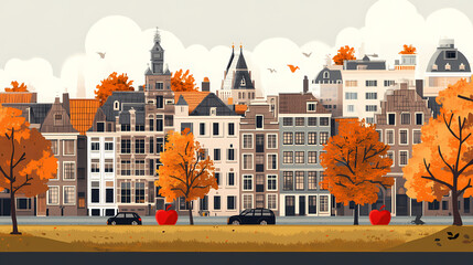 A flat design of the cityscape of Amsterdam with brown. There are several cars parked on both sides of the street under trees with colored leaves.