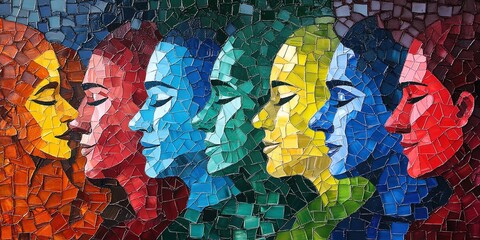 Obraz premium Colorful mosaic portrait highlights vibrant human faces. This abstract art reflects diversity with multicolor patterns. Aesthetic craftsmanship and vivid expression make it a creative contemporary