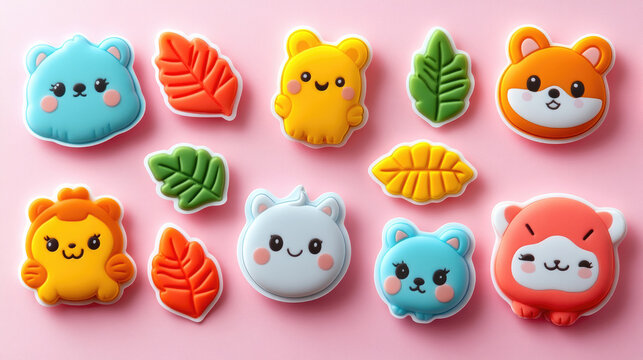 Adorable cookies shaped like animals and leaves arranged neatly on a soft pink surface, perfect for a cheerful celebration or gathering