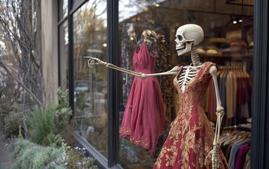 Skeleton Window Shopping: A skeleton standing in front of a clothing store, pointing toward a dress or suit in the window display, posed as if deciding to buy it -