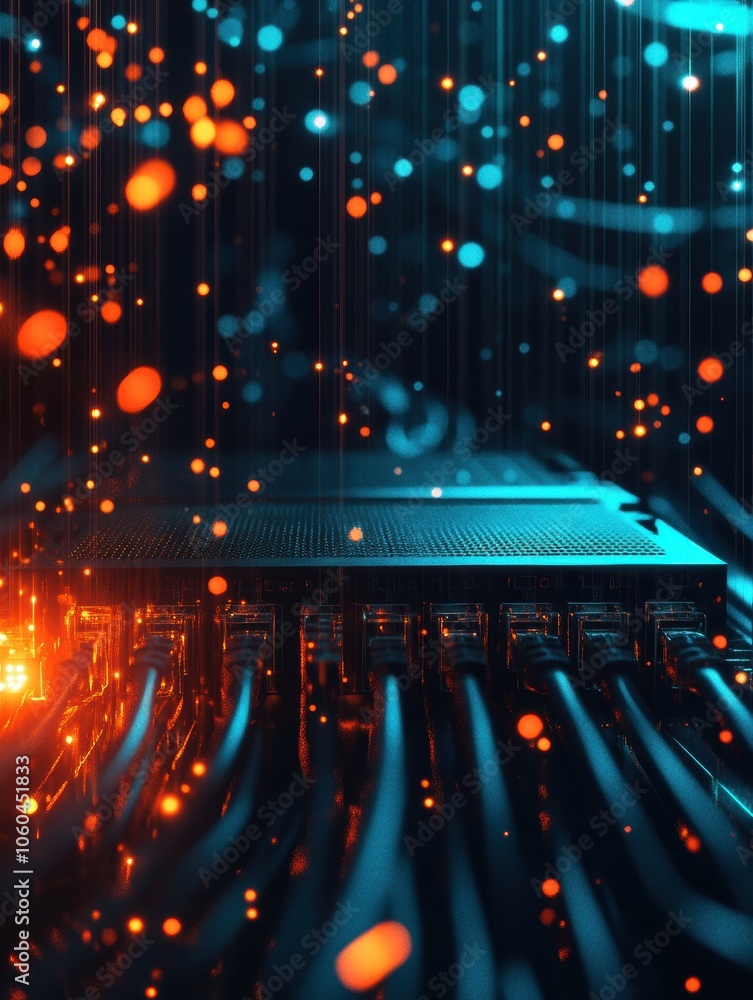 Poster Network cables and a router are highlighted by vibrant glowing lines, illustrating a dynamic technology environment. Generative AI