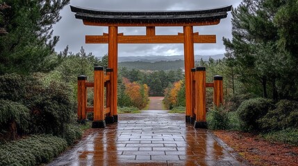 Naklejka premium Ancient Japanese Torii Gate Surrounded by Nature Symbolizes Tranquility and Cultural Heritage