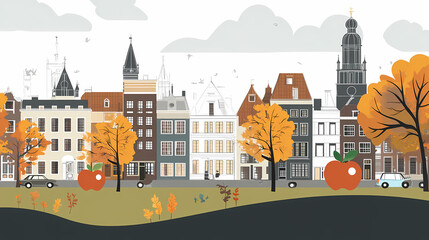 A flat design of the cityscape of Amsterdam with brown. There are several cars parked on both sides of the street under trees with colored leaves.