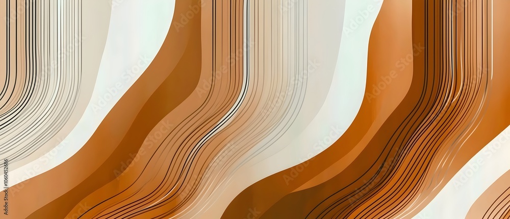 Poster an abstract wavy pattern showcasing warm tones of brown and cream, with contrasting black lines that
