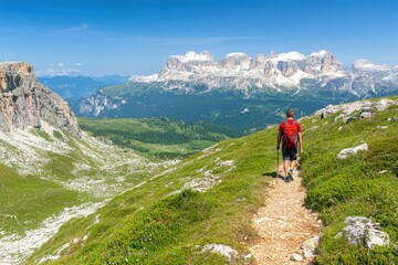 Obraz premium Rocky trail pathway with natural landscape view of snowcapped mountain range with cloudy blue sky- Himalayas ridge, Nepal. Beautiful simple AI generated image