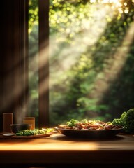 Freshly prepared dishes on a wooden table with sunlight streaming through the window.