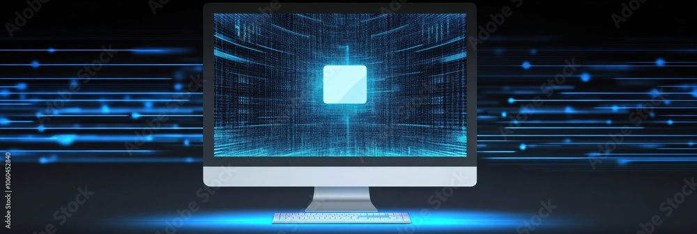 Poster A computer screen shows a protection symbol as dynamic blue data streams surround it, emphasizing digital security and technology. Generative AI