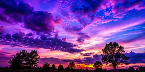 Naklejka premium Captivating Violet Sky at Dusk: A Serene Landscape of Purple Hues, Clouds and Nature's Beauty for Tranquil Spaces, Home Decor, and Artistic Inspiration