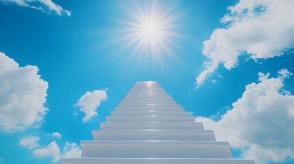 A stunning visual of a white stairway leading upwards into a bright blue sky filled with fluffy clouds, symbolizing hope and inspiration for a spiritual journey.