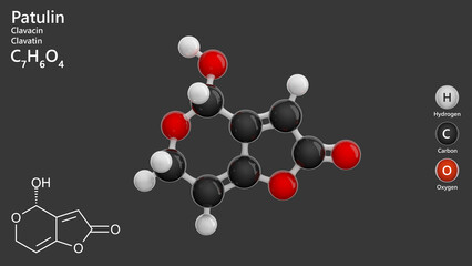 Molecule: Patulin or Clavatin. Mycotoxin. Molecular structure. Formula: C7H6O4. Chemical model: Ball and stick. Gray background. 3D illustration.