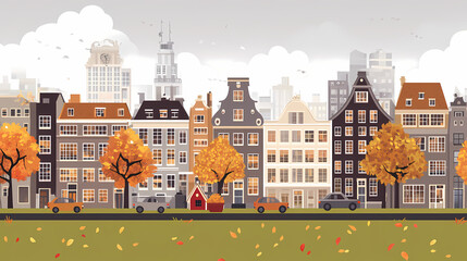 Obraz premium A flat design of the cityscape of Amsterdam with brown. There are several cars parked on both sides of the street under trees with colored leaves.