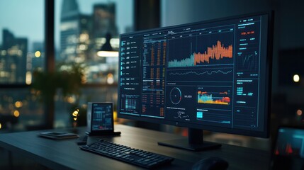 A sleek desktop setup featuring a monitor filled with financial data visualization, colorful bar charts,