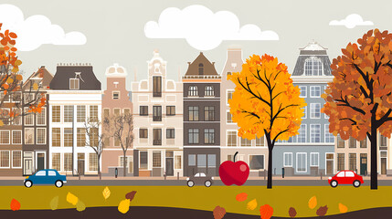 Naklejka premium A flat design of the cityscape of Amsterdam with brown. There are several cars parked on both sides of the street under trees with colored leaves.