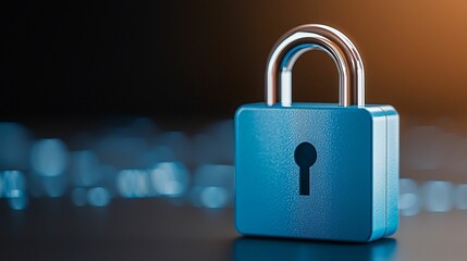 Fototapeta premium A shiny blue padlock is prominently featured, symbolizing security and protection against unauthorized access, set against a softly blurred background.