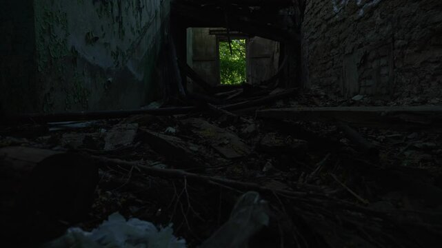 Inside an abandoned house in the woods.