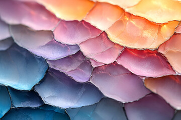 Fototapeta premium A vibrant close-up of layered, iridescent scales in soft pink, purple, and blue hues, creating a mesmerizing, colorful texture.