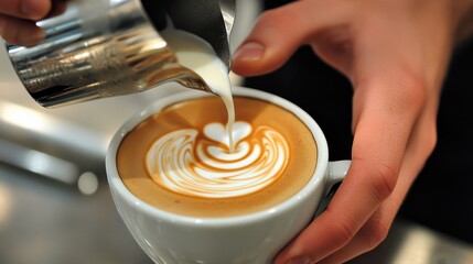 Fototapeta premium A barista pouring steamed milk into a cup of espresso, creating intricate latte art in a cafe setting.
