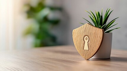 A decorative shield with a keyhole symbol next to a small potted plant on a wooden table, suggesting themes of security and nature.