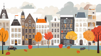 A flat design of the cityscape of Amsterdam with brown. There are several cars parked on both sides of the street under trees with colored leaves.