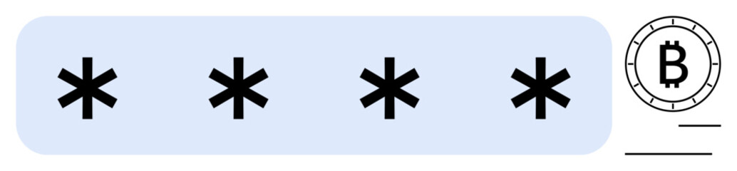 Four black asterisks in a light blue password field beside a round Bitcoin symbol. Ideal for fintech, cybersecurity, cryptocurrency, online banking, digital transactions, secure payments