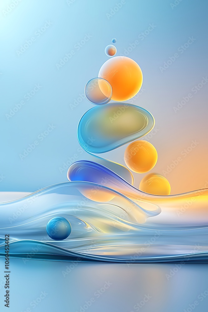 Poster bright and elegant abstract design featuring colorful liquid shapes and bubbles, creating a visually