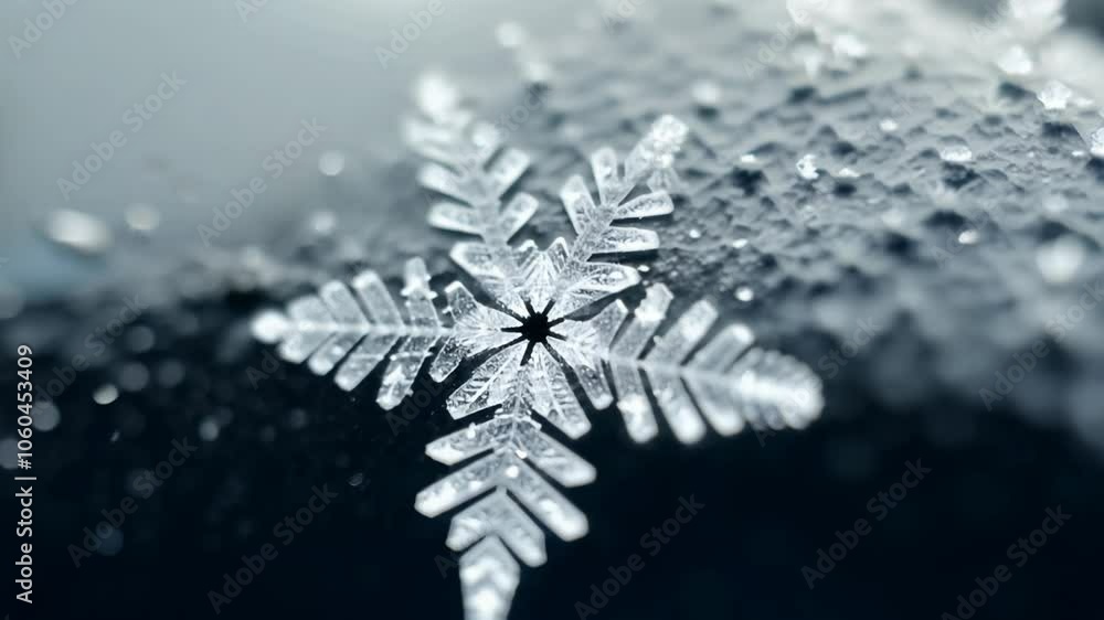 Poster gentle rotation around a snowflake on a dark surface with soft diffused daylight, capturing its intr