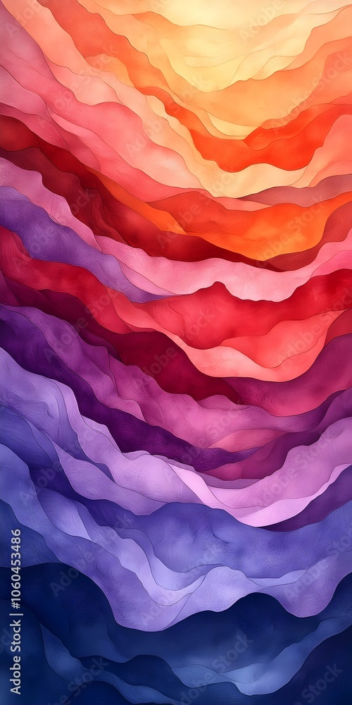 Poster a vibrant abstract design featuring flowing waves of warm reds, oranges, and cool purples, creating 