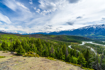 Jasper National Park Canadian Rockies nature scenery. Alberta, Canada. Athabasca River forest and snow capped mountains in summer. View from Old fort point.