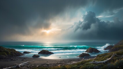 Fototapeta premium Coastal scene in Sublime Aesthetic style. Created with generative AI technology
