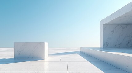 Fototapeta premium Serene Minimalist Architecture: An Open Space with White Marble Blocks and a Flat Roof Under a Clear Blue Sky, Capturing the Tranquility of Light and Shadow