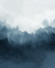 Mystical fog enveloping serene forest hills under a soft, pale sky.