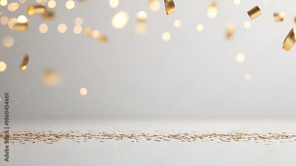 Poster white background with golden confetti minimalist white background with space for text