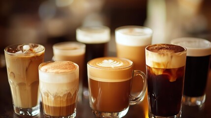 A close-up of different coffee drinks, including espresso, cappuccino, and iced coffee, arranged on a cafe table.