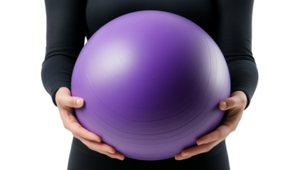 woman holding large purple fitness yoga ball isolated on transparent background