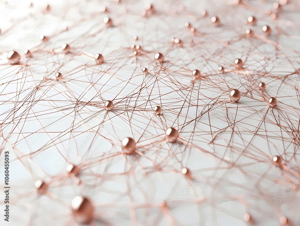 Poster an abstract close-up of interconnected copper wires and spheres, creating a visually intricate netwo