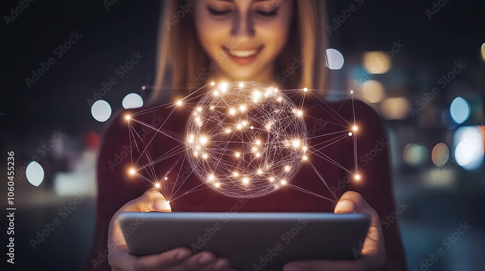 Poster woman using tablet with glowing network connection light gradient background with room for typograph