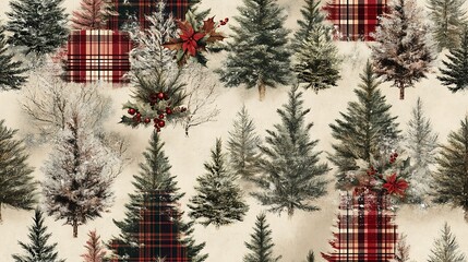 A pattern of Christmas trees with various plaid designs, from tartan to buffalo check, muted reds and greens, snowy accents, subtle texture, cozy holiday ambiance, hd quality. --ar 16:9 --tile
