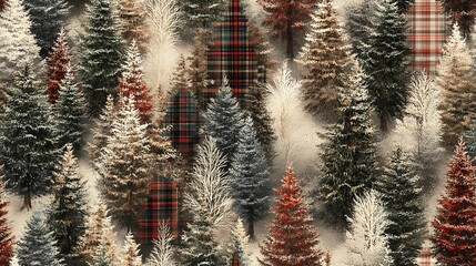 A pattern of Christmas trees with various plaid designs, from tartan to buffalo check, muted reds and greens, snowy accents, subtle texture, cozy holiday ambiance, hd quality. --ar 16:9 --tile