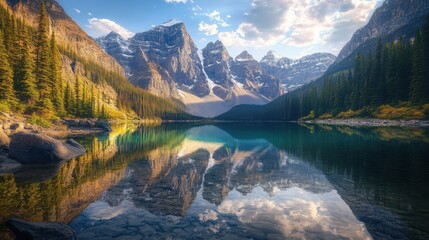 Obraz premium A stunning nature scene with towering mountains and a peaceful lake