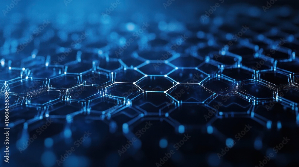 Poster a hexagonal grid pattern, featuring a monochromatic color scheme of light and dark greys on a white 