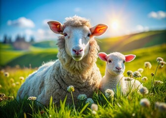 Obraz premium Charming Baby Lamb and Mother Sheep in Early Spring Pasture, Green Grass, Natural Environment, Farm Life, Springtime, Ewe and Lamb, Animal Bond, Rural Scene, Cute Animals, Nature Photography