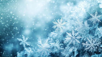 Snowflakes on a blue background with soft bokeh effects, winter magic, serene beauty.