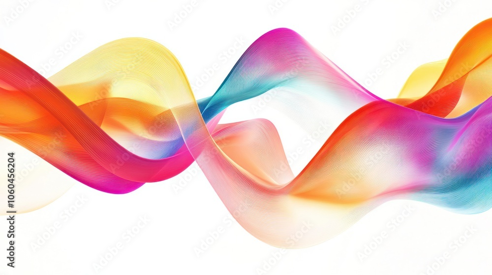 Poster an abstract representation of sound waves depicted through colorful graphics, set against a stark wh