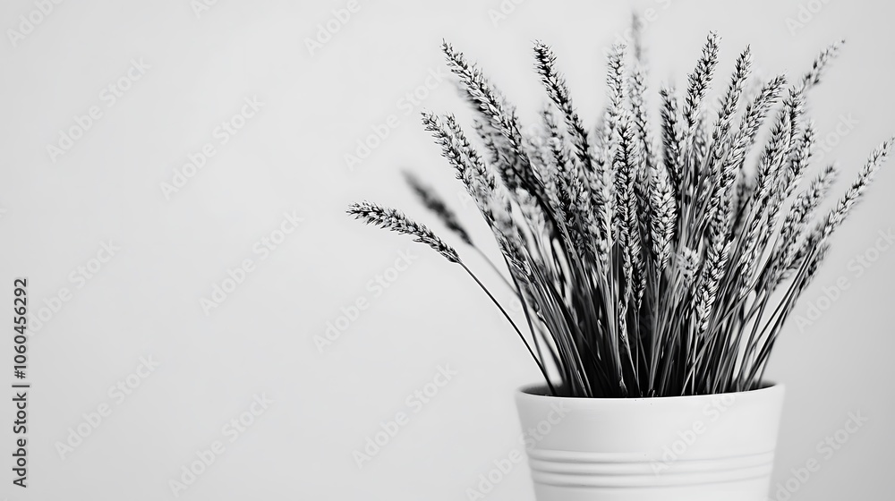 Poster wheat grass in white pot blank background with copy space for design projects