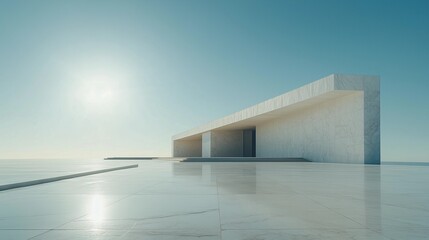 Fototapeta premium Serene Minimalist Architecture: An Open Space with White Marble Blocks and a Flat Roof Under a Clear Blue Sky, Capturing the Tranquility of Light and Shadow