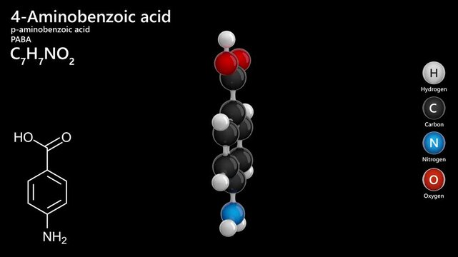 Aminobenzoic Acid or PABA. Vitamin B10. Animated 3D model of a molecule. Molecular formula: C7H7NO2. Chemical model: Ball and stick. Black background. 3D rendering. Seamless loop.