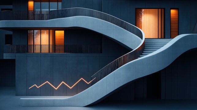 Modern architectural building facade with curved external staircase and warm glowing windows at dusk