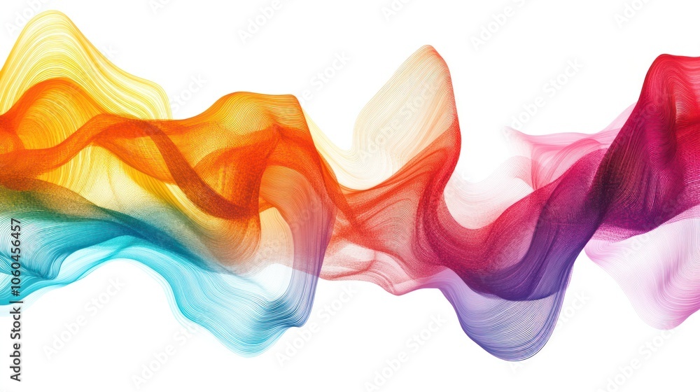Poster an abstract representation of sound waves depicted through colorful graphics, set against a stark wh