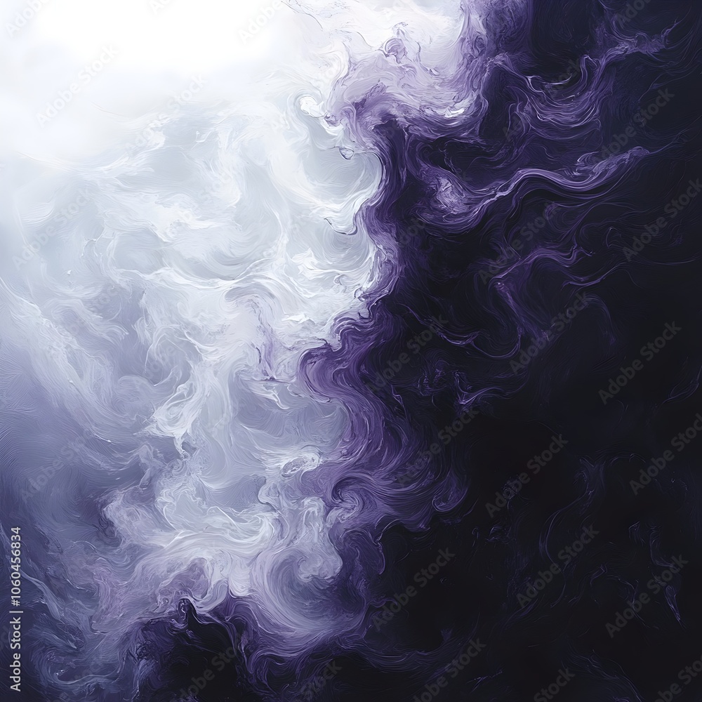 Poster an abstract composition displaying swirling shades of purple and white, blending seamlessly in a dyn