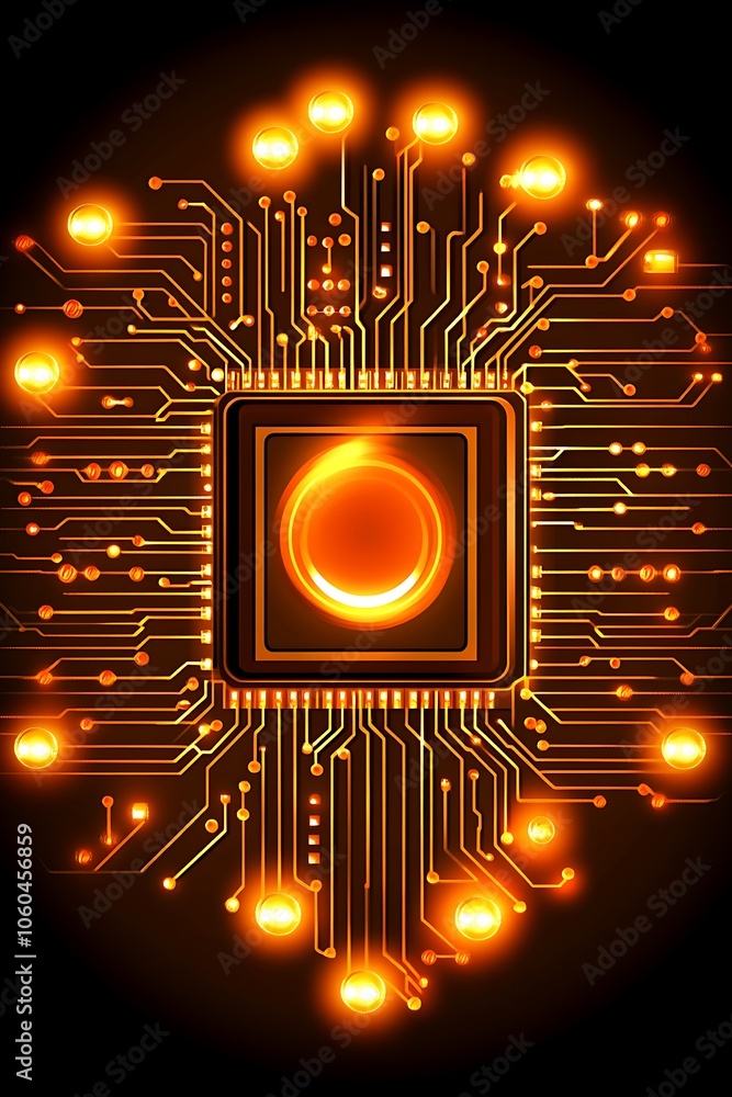 Poster circuit board with glowing lights light gradient background with room for typography